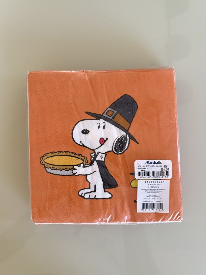 Peanuts Snoopy Thanksgiving Napkin (Category: Dinnerware & Cutlery) located in Manila. Submitted by ikigai_lei (Listing ID 1444859390, Image 1). Description: - Features Snoopy and Woodstock in Thanksgiving outfits - Snoopy is holding a pie, Woodstock is beside him - Graphics brand - Ideal for your Thanksgiving celebration.