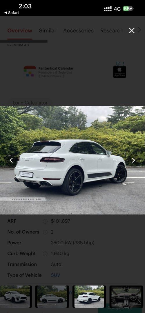Porsche Macan S PDK 3.0 (A) (Category: Used Cars) located in Singapore. Submitted by moovingfast (Listing ID 1444913320, Image 3). Description: Stock White Porsche Macan SUV bought directly from Porsche Singapore under preowned car sale(Purchase and warranty invoices can be shown upon viewing) - Under Porsche warranty till 3 Aug 2027. Eligible for warranty extension. - Factory sport mode and Factory sport Exhaust option(rare in market) - Factory 