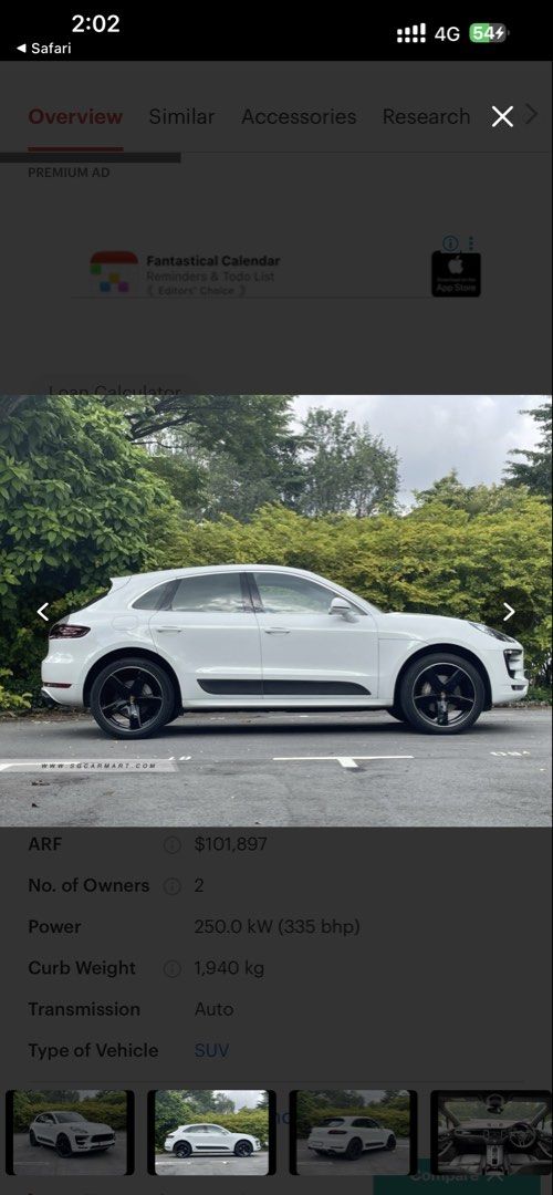 Porsche Macan S PDK 3.0 (A) (Category: Used Cars) located in Singapore. Submitted by moovingfast (Listing ID 1444913320, Image 2). Description: Stock White Porsche Macan SUV bought directly from Porsche Singapore under preowned car sale(Purchase and warranty invoices can be shown upon viewing) - Under Porsche warranty till 3 Aug 2027. Eligible for warranty extension. - Factory sport mode and Factory sport Exhaust option(rare in market) - Factory 