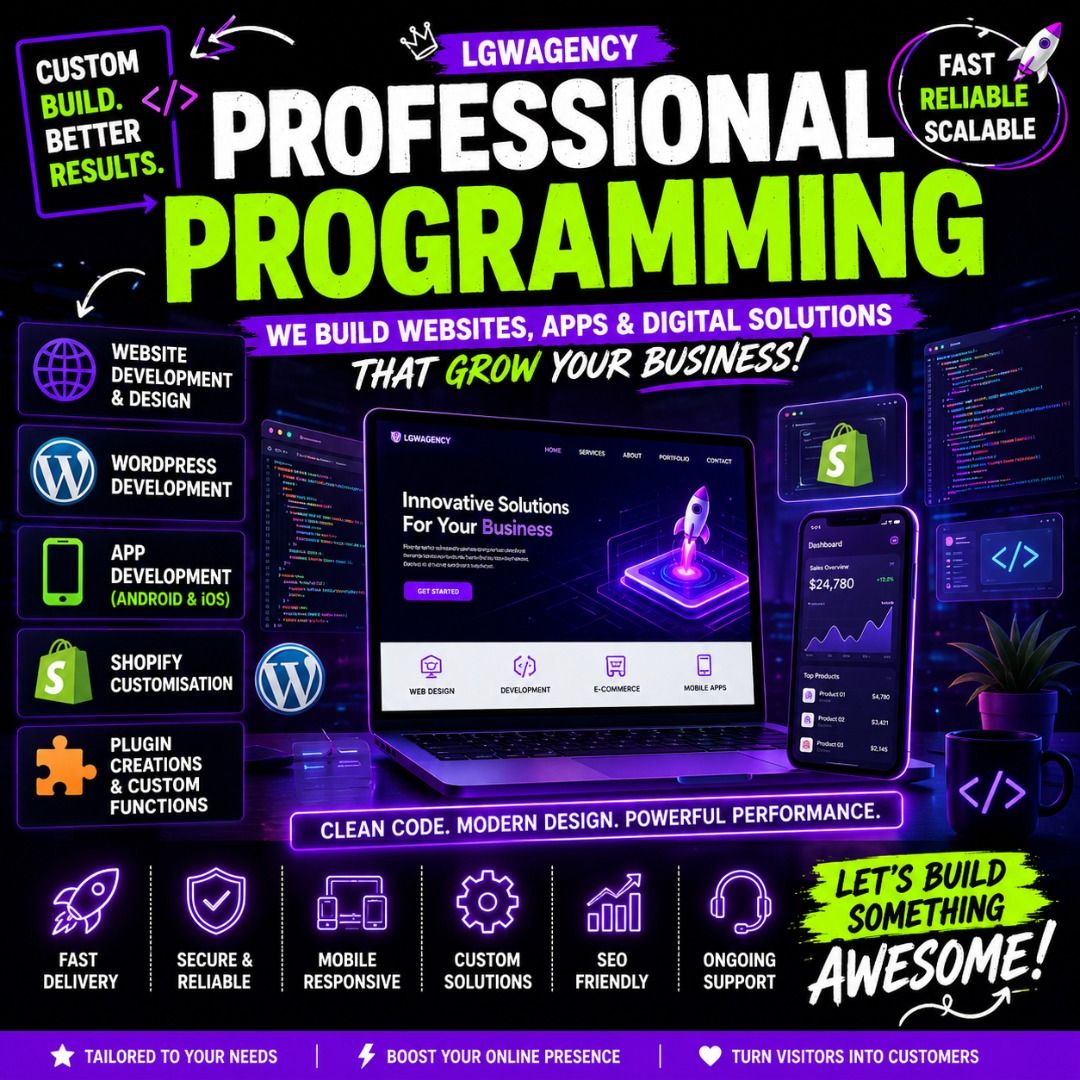 Programming (Website Development & Design/ Wordpress Development/ App Development/ Shopify Customisation/ Plugin Creations) (Category: Printing, Design & Marketing) located in Singapore. Submitted by lgw-agency (Listing ID 1230388897, Image 1). Description: 🚀 Professional Website & App Development – Custom Solutions for Your Business! Looking for a custom website, app, or Shopify store that stands out? LGWAGENCY specializes in website developmen