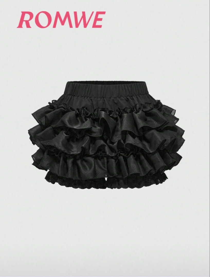 ROMWE Black Ruffle Tiered Mini Skirt (Category: Skirts) located in Manila. Submitted by mlnflrs (Listing ID 1445032684, Image 1). Description: - Cute black mini skirt - Features multiple ruffles and a tiered design - Lace trim along the hem - Comfortable elastic waistband - Ideal for a fun and playful look - bought from shein - orig price: 590 - rfs: doesn’t match my aesthetic.