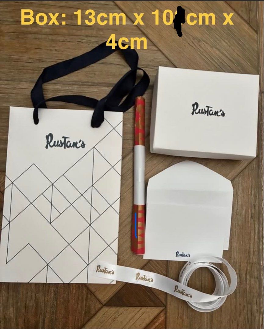 RUSTANs small gift set - paper bag, wrapper, box, tissue, wrapper & gift tag ₱150 (Category: Everything Else Others) located in Muntinlupa City. Submitted by mystyle10 (Listing ID 1434063937, Image 2). Description: Gift set supplies: (1) paper bag, (1) gift box, (1) gift card, (1) ribbon, (1) wrapper, (1) tissue SMALL box: 13x10x4cm - ₱150 each set Note: supplies are actual cut and prepared frm Rustans.
