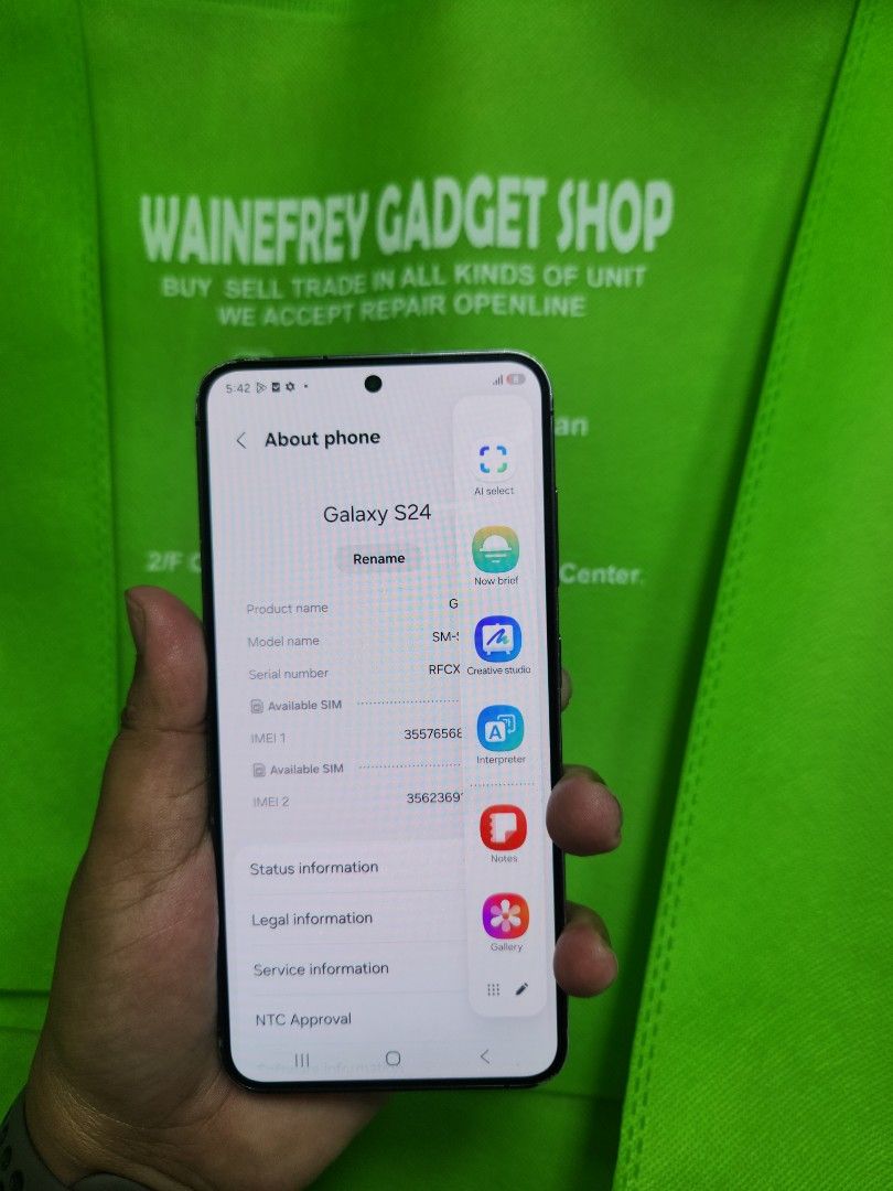 Samsung S24 8/512 (Category: Samsung) located in San Juan City. Submitted by wainefreygadgetshop (Listing ID 1444954831, Image 2). Description: SAMSUNG S24 8/512 (PLEASE SEARCH MO NALANG FULL SPECS) ALL GOODS AT WORKING NO REPAIR HISTORY GAMING PHONE PEDE PANG BACK UP PHONE SCREEN TESTED SIGNAL TEST CAMERA SOBRANG LINAW HONEST ISSUE ILALAGAY SA NOTE KUNG MERON MAN PARA AWARE KA! Note* SBRANG GASGAS LALO NA MGA CORNER YAN LANG HONEST ISSUE KAYA MU