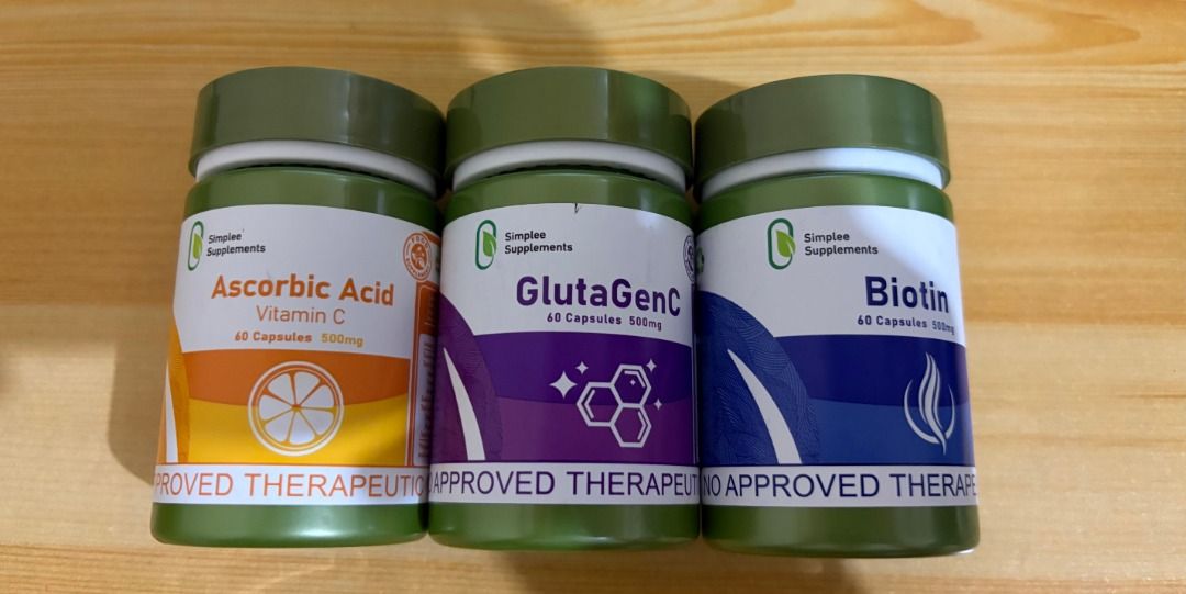 Simplee Supplements - GlutaGenC & Ascorbic Acid ONLY (Category: Health Food, Drinks & Tonics) located in Manila. Submitted by saucyracoon2627 (Listing ID 1444965678, Image 1). Description: - Brand: Simplee Supplements - Variants: GlutaGenC, Ascorbic Acid (Vitamin C) - Quantity: 60 capsules per bottle - Benefits: Supports overall wellness and radiance - Packaging: Comes in distinct, color-coded bottles RFS: Got them during an event You can buy the
