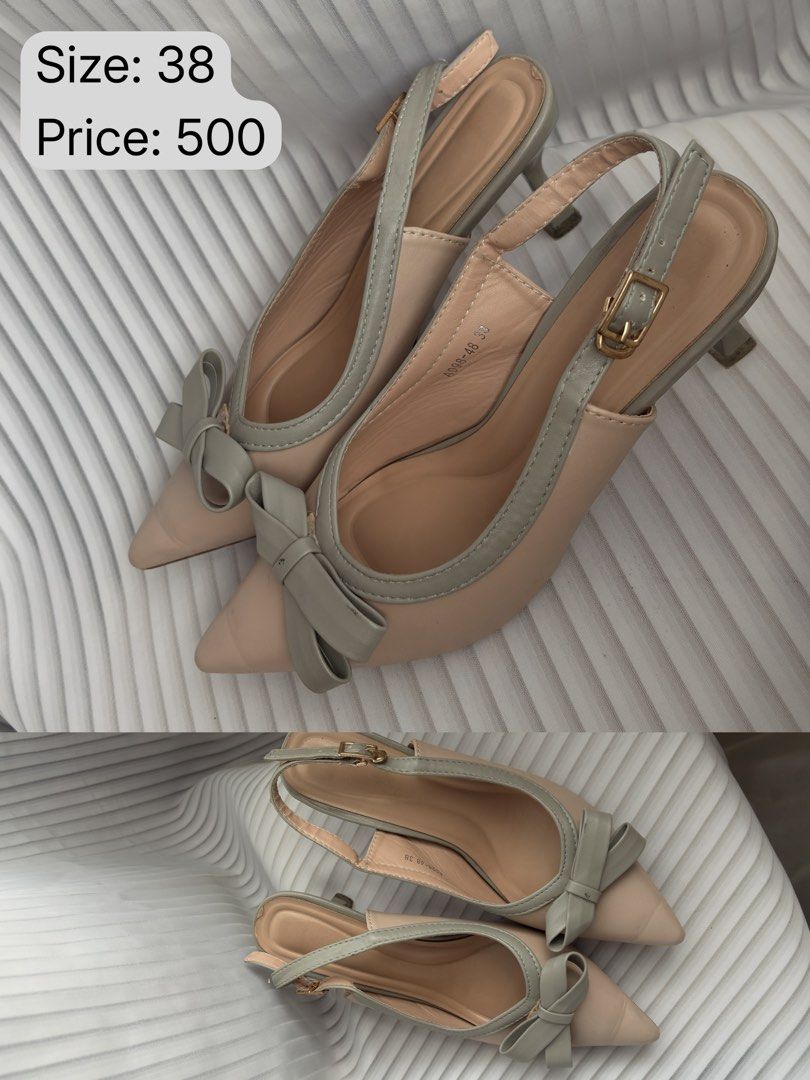 Size 38 Slingback Heels with Bow Detail (Category: Heels) located in Cabuyao City. Submitted by elizegabrido (Listing ID 1444927578, Image 1). Description: - Size: 38 - Style: Slingback heels - Color: Soft beige with grey trim - Detail: Cute bow at the front - Heel Height: Moderate, comfortable for walking - Perfect for: Dressing up any outfit.