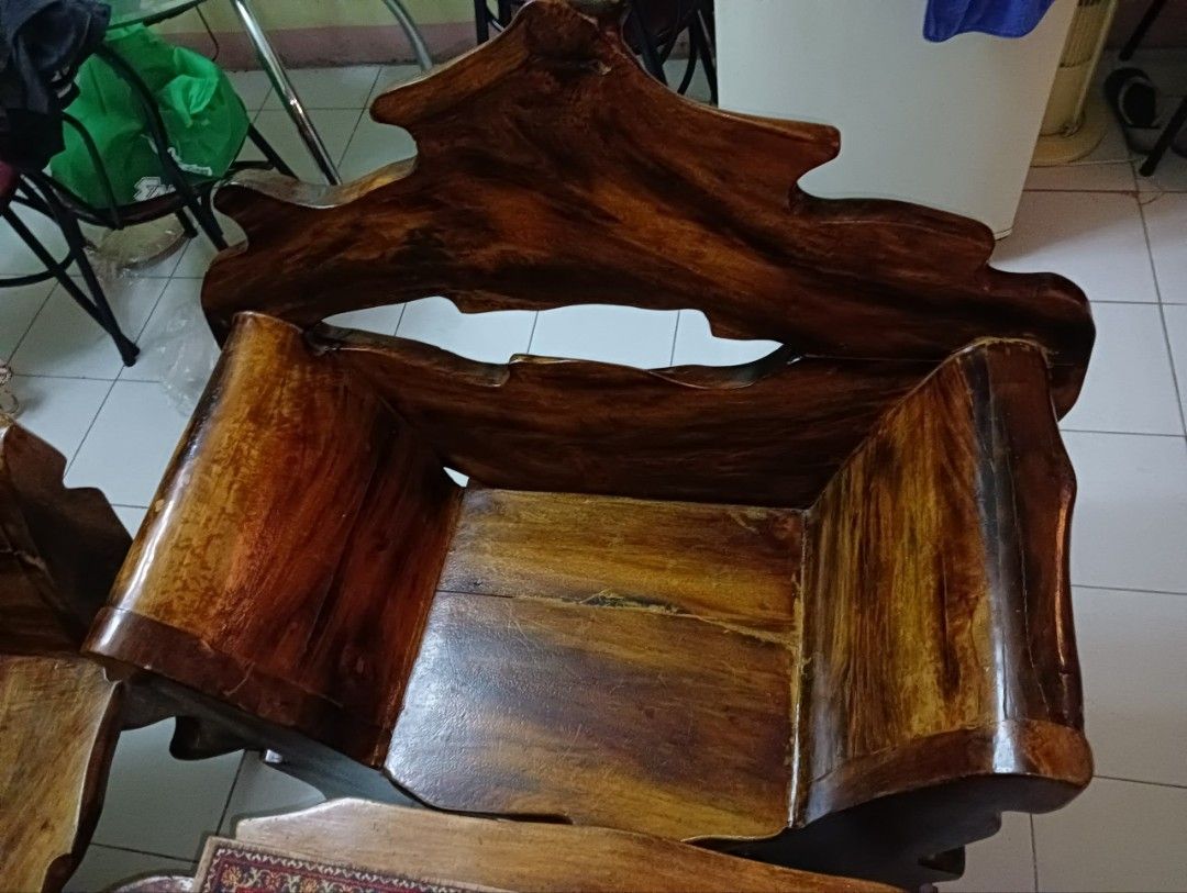 Hard wood Sala Set with TV table and Vanity (Category: Tables & Sets) located in Quezon City. Submitted by fibsy (Listing ID 1445034990, Image 3). Description: Unique solid wood living room set. The natural wood grain and irregular shapes make each piece one-of-a-kind. Sala set and Vanity with chair. 7 pieces in total. Sturdy construction. Selling as a set. likes new dahil alagang alaga. makintab at mabigat yung kahoy na ginamit. di namin alam yu