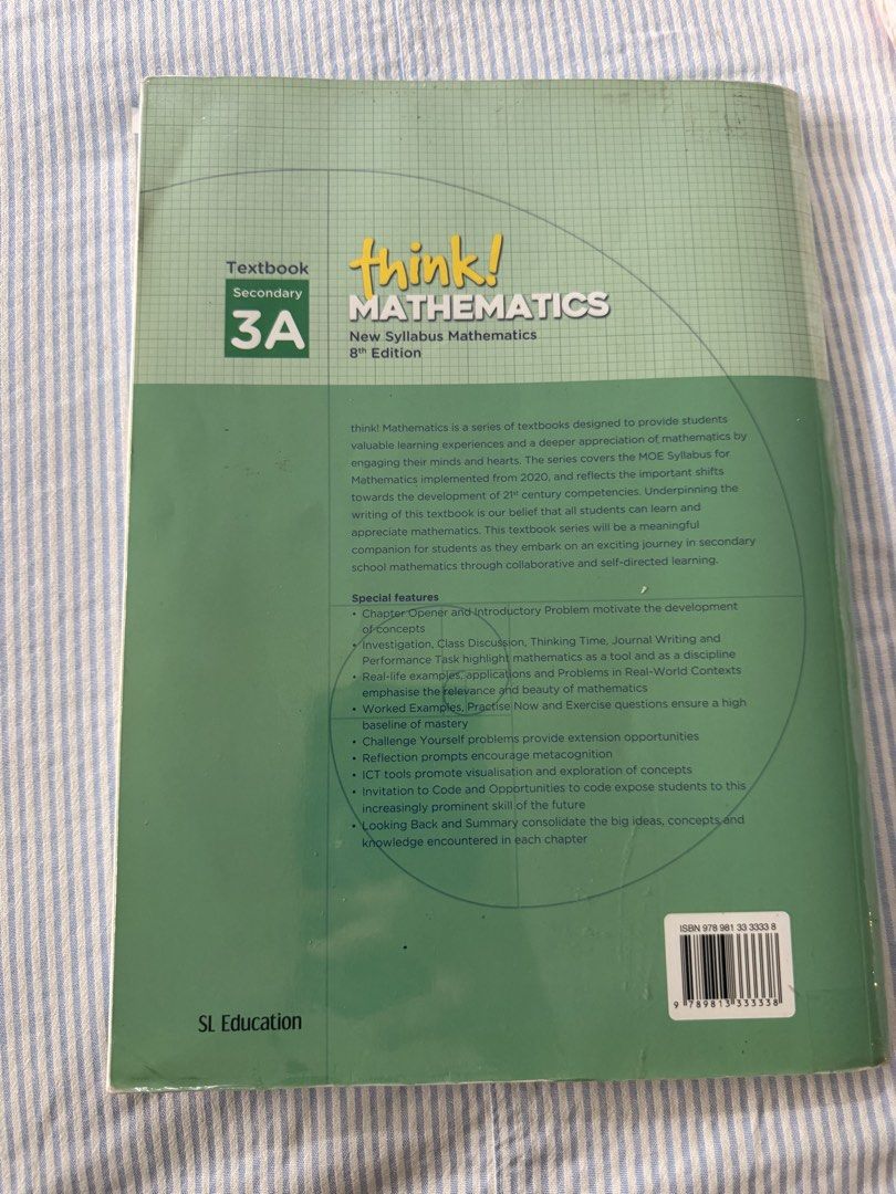 Think! Mathematics Secondary 3A New Syllabus Mathematics 8th Edition (Category: Textbooks) located in Manila. Submitted by olxph_785558338 (Listing ID 1444895012, Image 2). Description: - Think! Mathematics Textbook for Secondary 3A - Aligned with New Syllabus Mathematics, 8th Edition - Grade 11 - Moderate writing on pages.