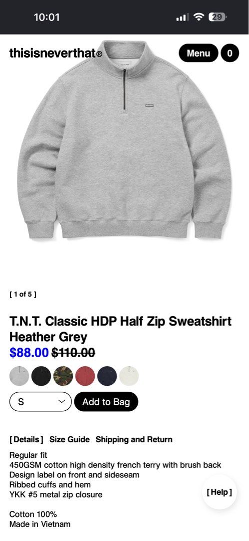 THISISNEVERTHAT Classic HDP Half Zip Sweatshirt - Heather Gray (Category: Luxury Apparel) located in General Trias. Submitted by seconddegreeco (Listing ID 1444999176, Image 2). Description: THISISNEVERTHAT Classic HDP Half Zip Sweatshirt - Heather Gray Small best fit Medium 25.5 length 22 width 26 sleeves Like new ✨ No issue.