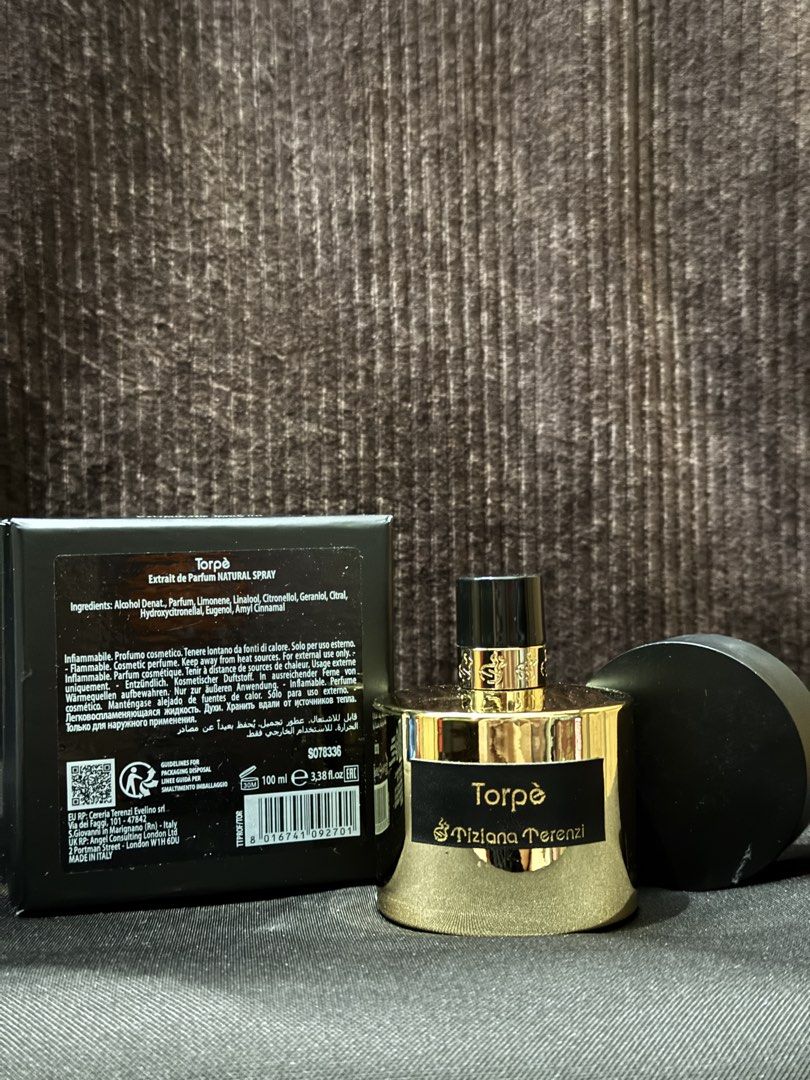 Tiziana Terenzi Torpe (Category: Fragrance & Deodorants) located in Quezon City. Submitted by gdpc_ph (Listing ID 1444875704, Image 2). Description: Fragrance Name: Tiziana Terenzi Extrait De Parfum - Torpe Size: 100ML Item Condition: - Almost full condition. Good as new! - Check each photos for juice level. - Actual photos posted. - With box. Box in mint condition. - With sticker label on the bottle. - Comes with travel size cap as alternative. 