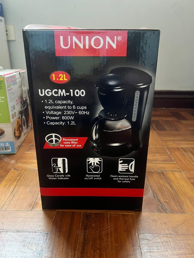 UNION UGCM-100 Coffee Maker 1.2L (Category: Coffee Machines & Makers) located in Manila. Submitted by derickca (Listing ID 1444872302, Image 3). Description: - UNION Coffee Maker, Model UGCM-100 - 1.2L Capacity (Makes up to 6 cups) - Anti-drip technology for mess-free brewing - Glass carafe with convenient water indicator - Permanent cone filter for easy cleaning and use - Heat-resistant handle - Built-in thermal fuse for enhanced safety - Illumi