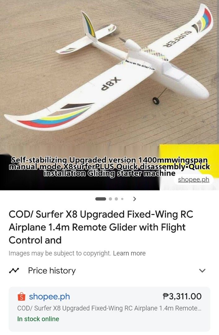 X-UAV Sky Surfer X8 RC airplane (Kit Only) (Category: Remote Control Toys) located in Bulacan. Submitted by makdelacru19738 (Listing ID 1444968993, Image 1). Description: Brandnew X-UAV Sky Surfer X8 RC airplane (Kit Only) No Remote,Electronics included Price - 1500 only Nearby Area (ung kaya ipalalamove para Sameday makuha nio na) *(No COD)Payment (Gcash or Bank Transfer) Pag Nandto na Rider nio (Video Call Para Sure) Location: Marilao Poblacion
