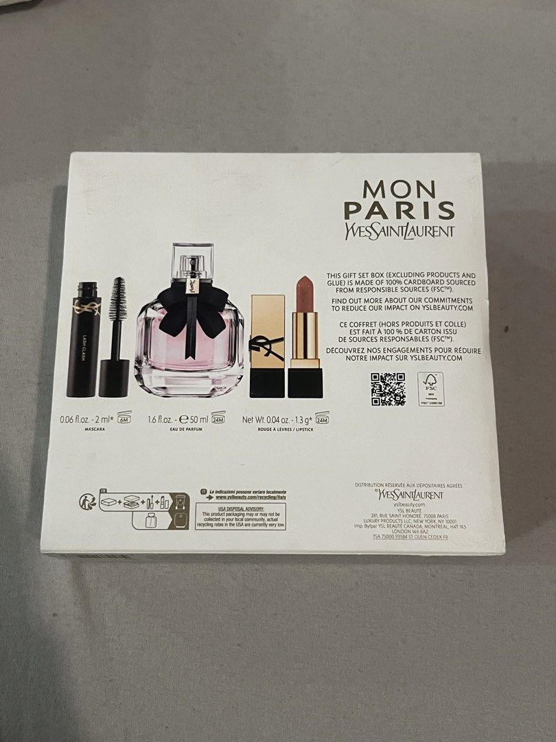 Yves Saint Laurent Mon Paris Gift Set (Category: Fragrance & Deodorants) located in Tarlac. Submitted by leyna_aa (Listing ID 1445010058, Image 2). Description: - YSL Mon Paris Eau de Parfum (50ml) - Mascara - Lipstick - All items are in their original, unopened packaging. - An ideal gift for any occasion..