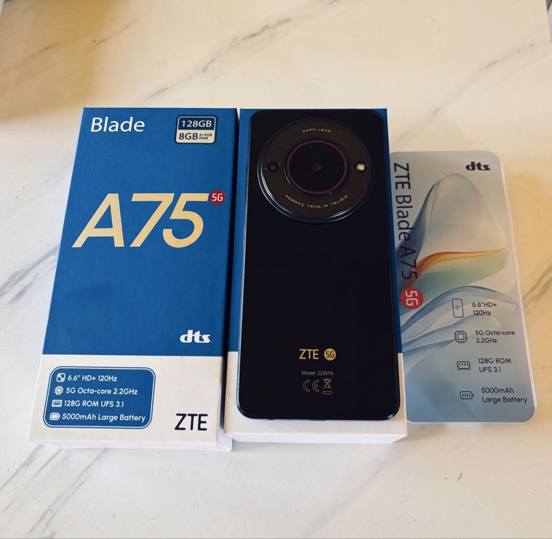 ZTE Blade A75 5G Smart Lock (Category: Android Others) located in Roxas City. Submitted by jhen_c (Listing ID 1444912897, Image 3). Description: ‼️Brand New‼️ ☑️ ZTE Blade A75 5G Smart Lock ☑️ Includes charger and clear case ☑️ Box unsealed, device never opened ☑️ 128GB storage ☑️ 5G capable.