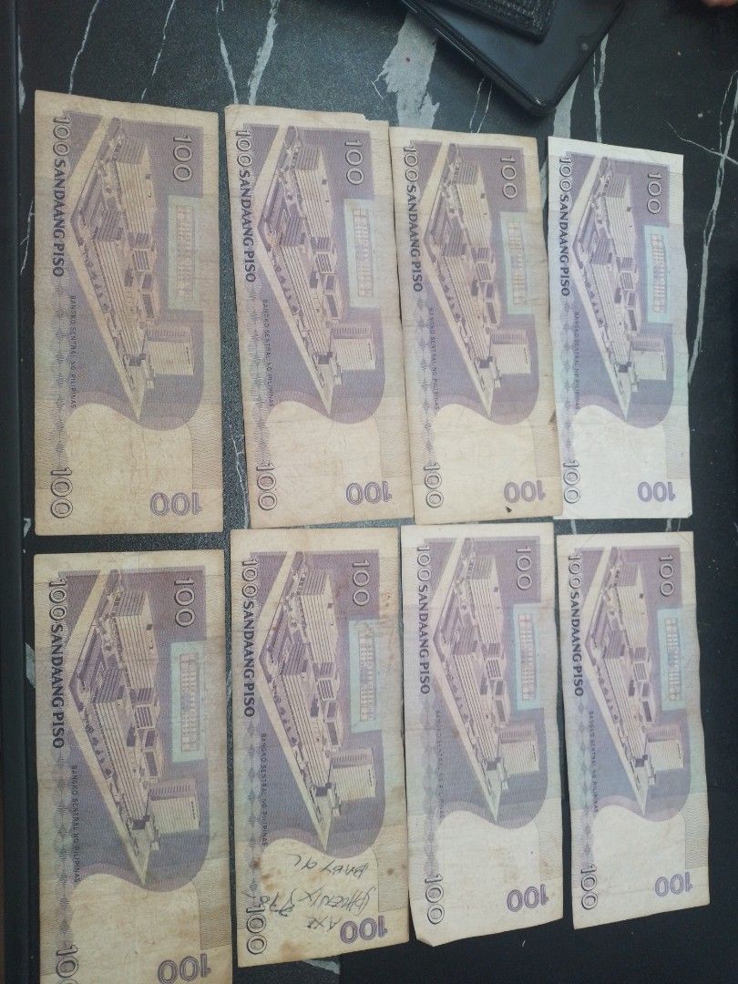 8 x 100 Philippine Peso Bills (Category: Currency) located in Manila. Submitted by christiann700 (Listing ID 1445232556, Image 2). Description: Both top is good condition - 70 the rest - 50.
