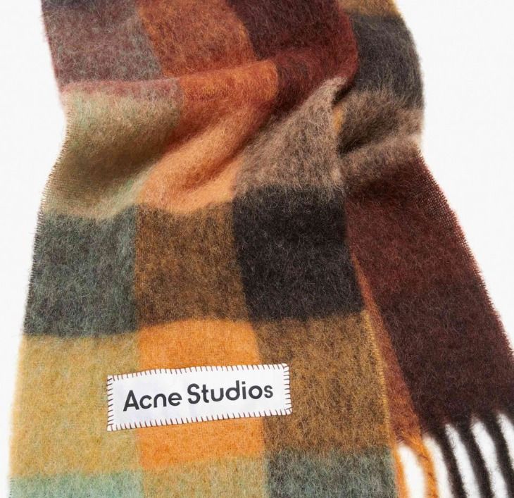 Acne Studios Mohair Checked Scarf - Chestnut Brown / Yellow / Green (Category: Necklaces) located in Bacoor. Submitted by fafofa (Listing ID 1445210609, Image 3). Description: Checked scarf is made of a soft mohair blend with fringed ends. Detailed with an Acne Studios embroidered logo. Crafted from carefully selected material known for its soft and hairy fibres. Product details Check Logo patch Fringed ends Measurements including fringe: 250 cm 