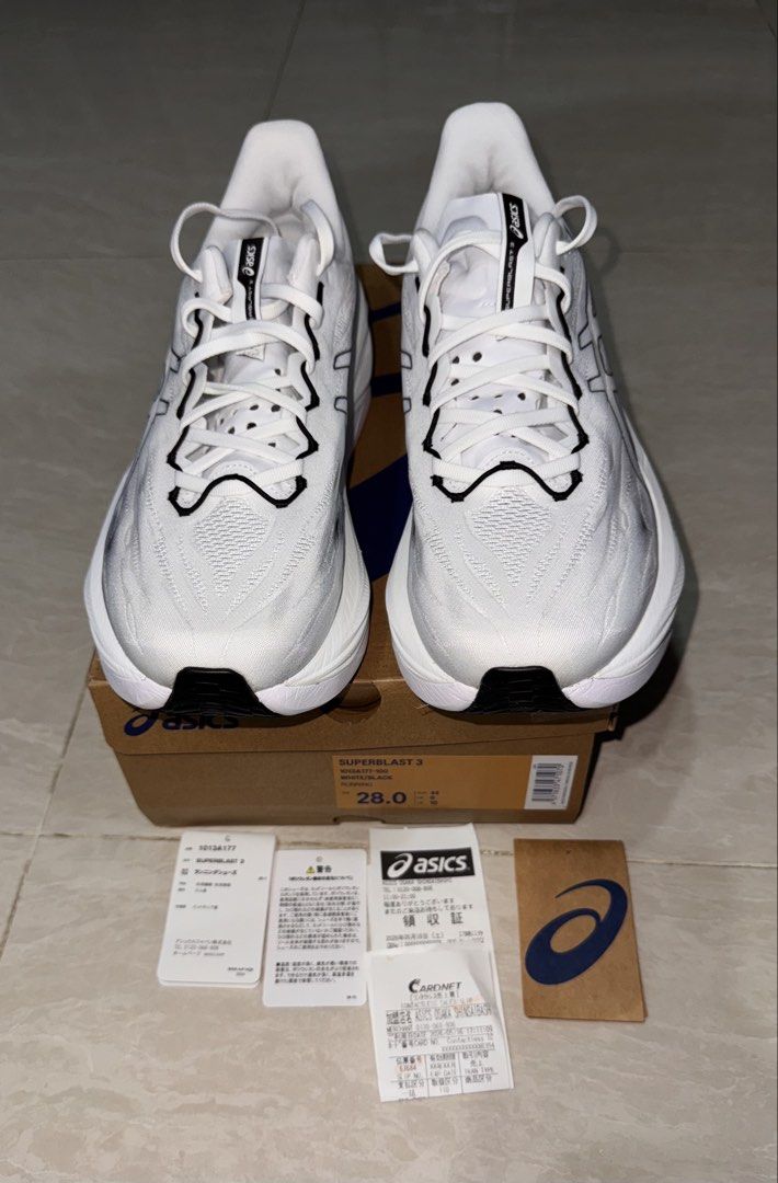 Asics Superblast 3 - White Black (Category: Sneakers) located in Singapore. Submitted by dealatmyplacepls (Listing ID 1445153993, Image 2). Description: bought from Asics Osaka Shinsabasji as good as new, Worn only once, mileage 3km RFS: A little too tight for me - Comes with original tags, physical receipts and box. Open to trades for running shoes / apparel / etc. tags: running jogging satisfy on nike adidas puma new balance saucony evo sl vome