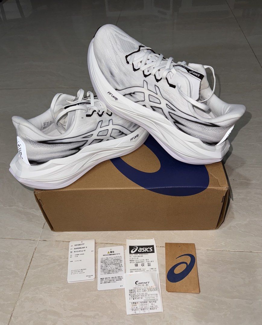 Asics Superblast 3 - White Black (Category: Sneakers) located in Singapore. Submitted by dealatmyplacepls (Listing ID 1445153993, Image 1). Description: bought from Asics Osaka Shinsabasji as good as new, Worn only once, mileage 3km RFS: A little too tight for me - Comes with original tags, physical receipts and box. Open to trades for running shoes / apparel / etc. tags: running jogging satisfy on nike adidas puma new balance saucony evo sl vome