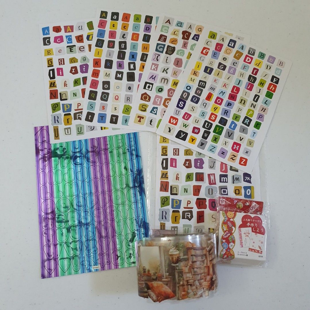Assorted Craft Stickers - Letters, Washi Tape, Decorative (Category: Craft Supplies & Tools) located in Paranaque City. Submitted by cobien (Listing ID 1445195797, Image 1). Description: - Bundle includes alphabet stickers in various fonts and colors. 8 sheets white, 1 sheet muticolored - Features decorative japan themed washi tape roll - Also includes a roll transparent tape in different color theme of home - Ideal for journaling, scrapbooking, 