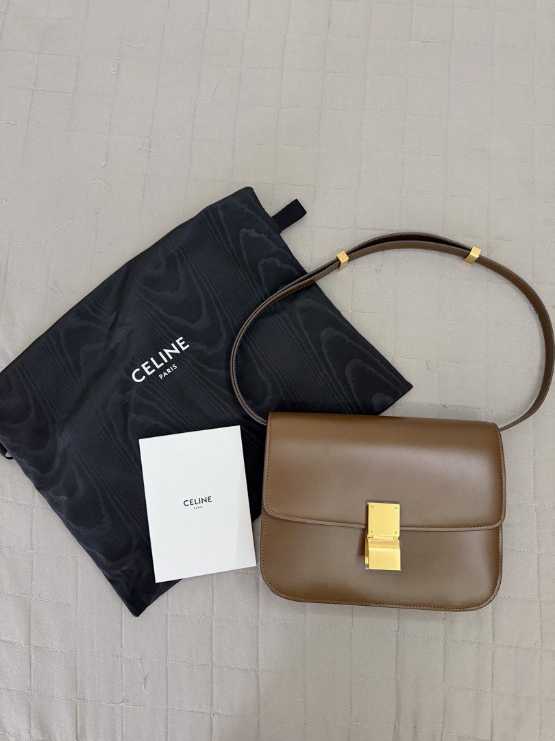 Auth CELINE Classic Medium Box Bag (Category: Luxury Bags & Wallets) located in Pasig City. Submitted by baye1703 (Listing ID 1445046608, Image 1). Description: - Authentic Celine Classic Box Bag - Condition: Brand new - Color: Taupe Brown - Material: Box Leather - Closure: Gold Clasp - Interior: Zip Pocket & Main Compartment - Includes: Dust Bag & Booklet - Detachable and adjustable shoulder strap which can worn as crossbody, shoulder or shorten
