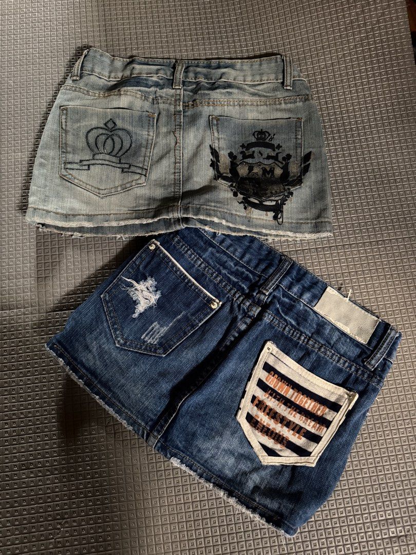 B1T1 rework thrifted skirts (Category: Skirts) located in Caloocan City. Submitted by andraaa_ (Listing ID 1445178729, Image 2). Description: - light & dark wash mini skirt - rework mini skirt - can fit xxs- xs -pm for we.