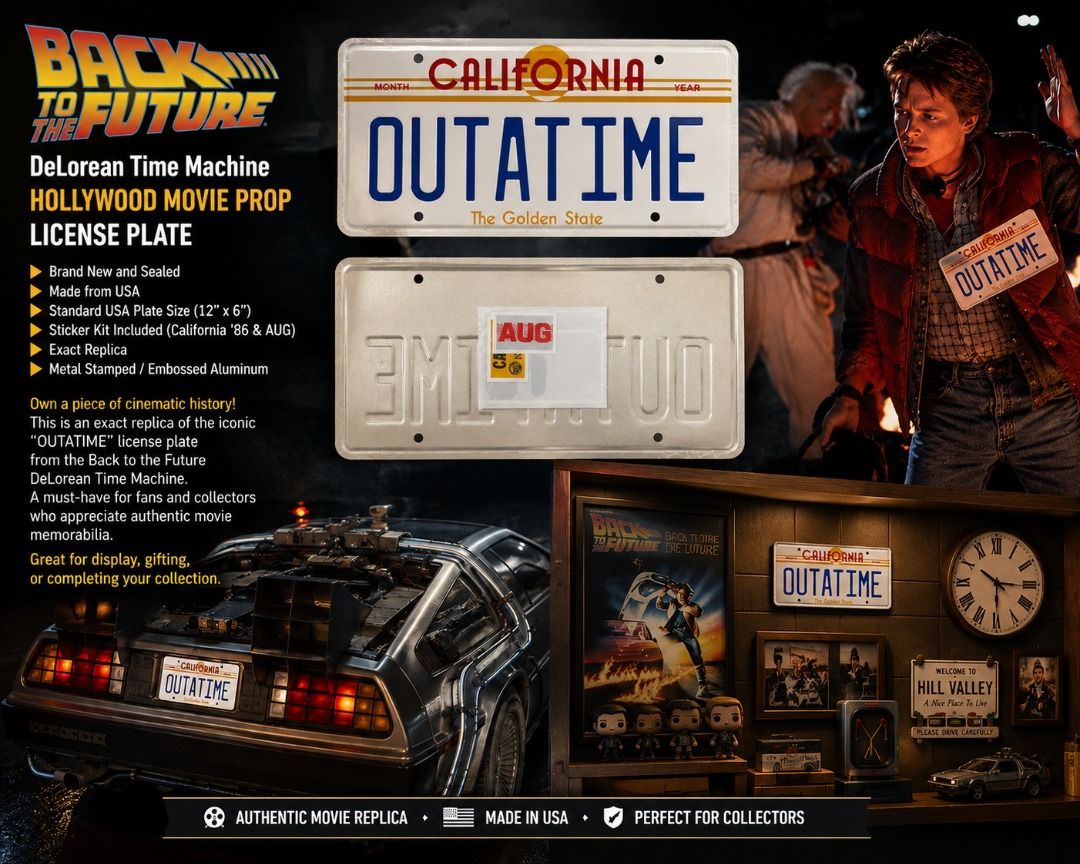 Back To The Future Movie Plate Prop (Category: Vintage Collectibles) located in Mandaluyong City. Submitted by lomeng (Listing ID 1297640600, Image 1). Description: BACK TO THE FUTURE DeLorean Time Machine > Brand New and Sealed > Made from US > Standard USA plate dimensions (12" x 6") > Sticker kit included (California ’86 & AUG) > Exact Replica > Metal Stamped / Embossed Aluminum.