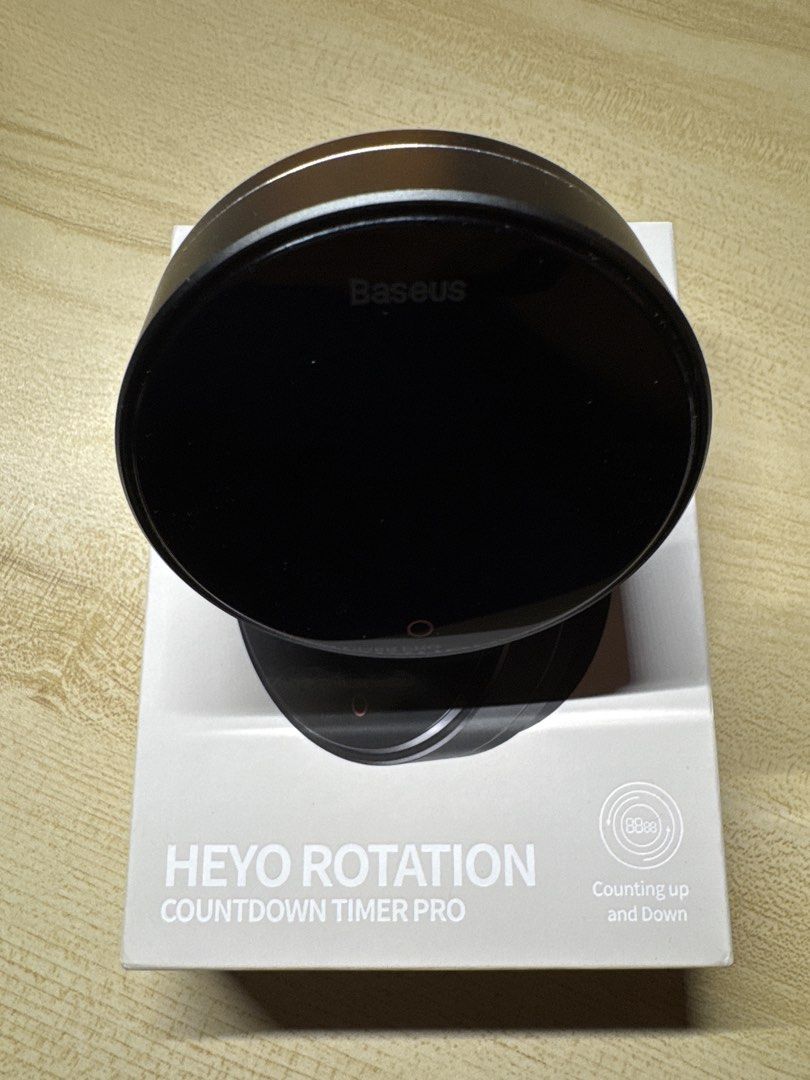 Baseus Heyo Rotation Countdown Timer Pro (Category: Wearables & Smart Watches) located in Singapore. Submitted by walkabout (Listing ID 1445208151, Image 2). Description: - Baseus Heyo Rotation Countdown Timer Pro - Digital timer with count up and down functions - Sleek black design - Ideal for cooking, studying, and other timed activities - Comes in original packaging.