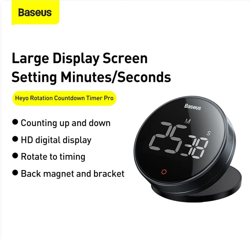 Baseus Heyo Rotation Countdown Timer Pro (Category: Wearables & Smart Watches) located in Singapore. Submitted by walkabout (Listing ID 1445208151, Image 1). Description: - Baseus Heyo Rotation Countdown Timer Pro - Digital timer with count up and down functions - Sleek black design - Ideal for cooking, studying, and other timed activities - Comes in original packaging.
