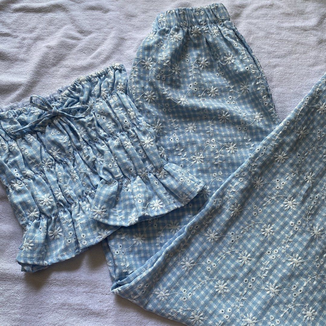 Blue Eyelet Top and Pants Set (Category: Sets or Coordinates) located in Taguig. Submitted by floatingpoints (Listing ID 1445139639, Image 1). Description: only used twice :) RFS: decluttering ! loc: taguig mod: lalamove/j&t mop: gcash.