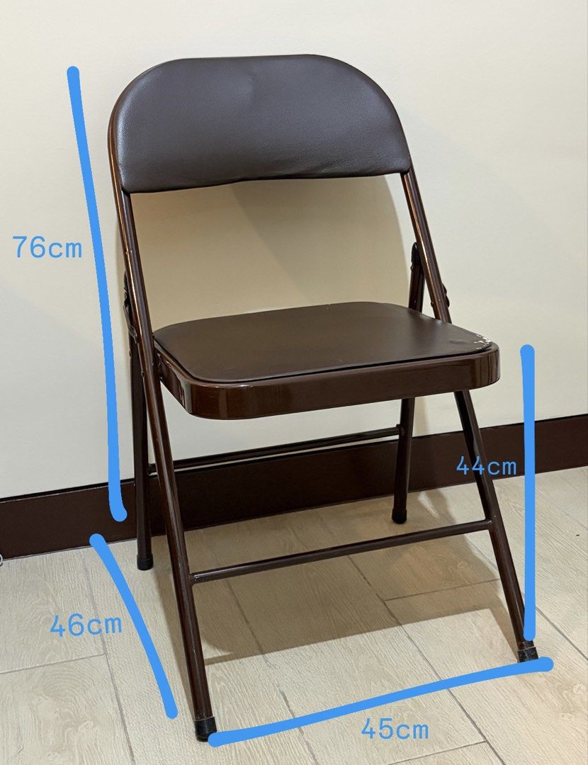 Brown Folding Chair (Category: Chairs) located in Makati City. Submitted by benigls (Listing ID 1445196454, Image 2). Description: - Brown folding chair - Padded seat and backrest for comfort - Sturdy metal frame - Seat height: 44cm - Total height: 76cm - Width: 45cm - Depth: 46cm - Folds flat for convenient storage - Ideal for extra seating needs.
