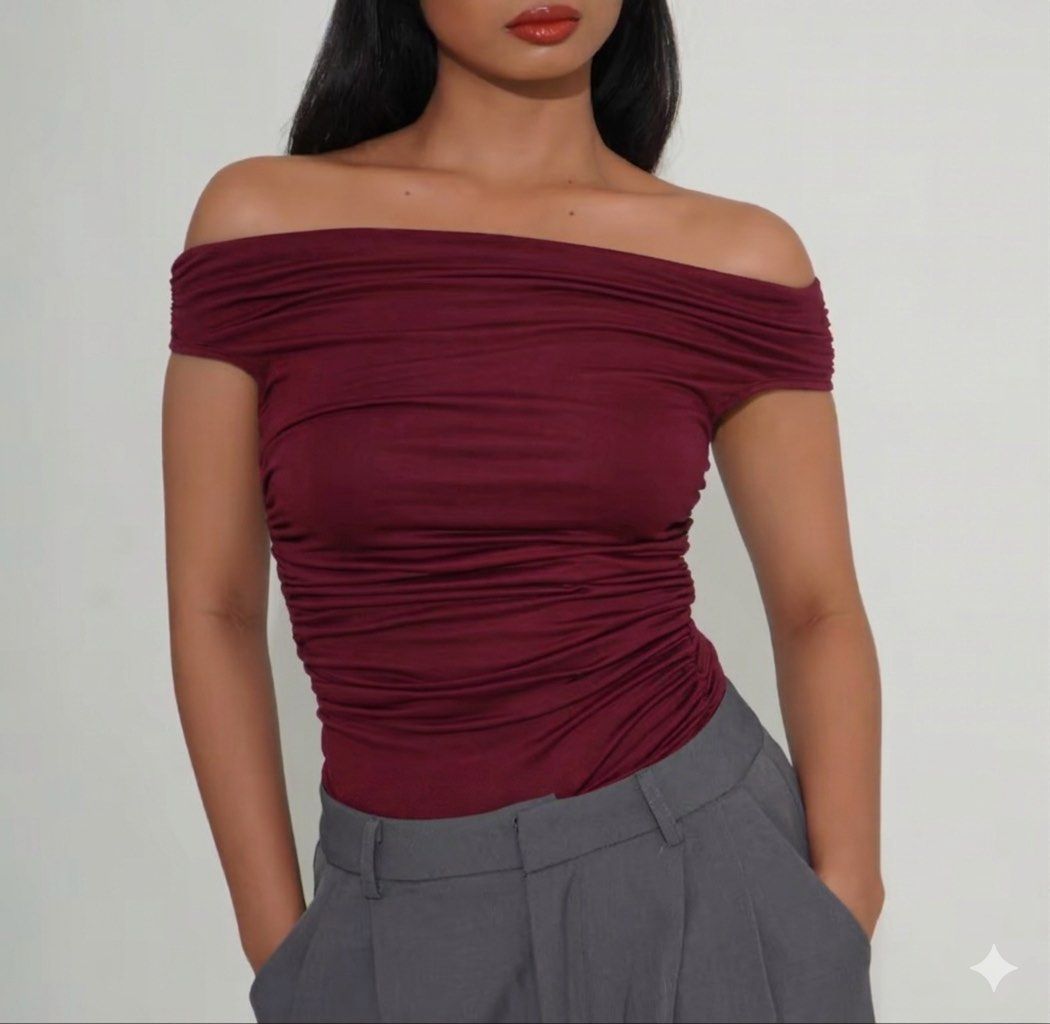 BSCO Heidi & Kehlani Off Shoulder Top (Bundle) (Category: Blouses) located in Balanga. Submitted by 28bluei (Listing ID 1445099226, Image 2). Description: - Bought from BSCO MNL Tiktok Shop - Only used once-twice - Size on tag : White (Heidi) - XS, Maroon (Kehlani) XXS - Both Cotton - No issue! .