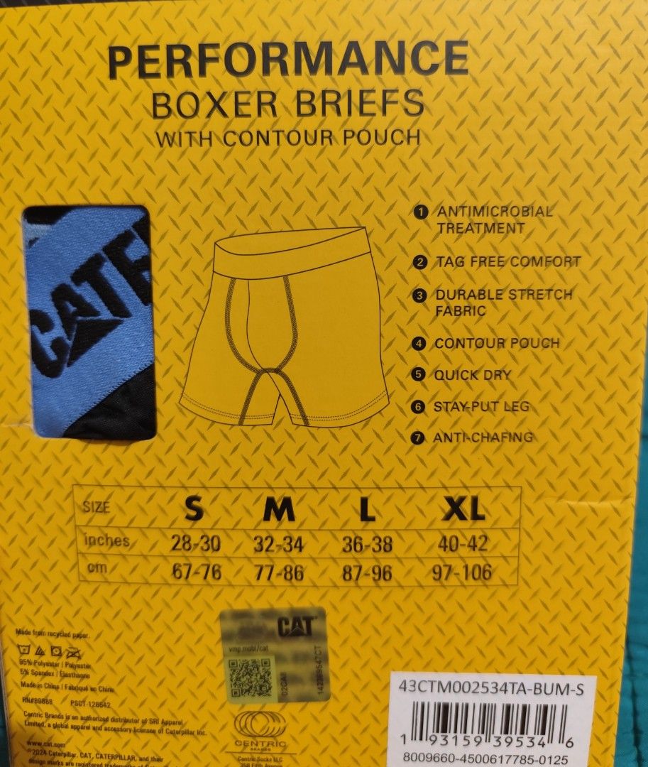 CAT Performance Boxer Briefs - 4 Pack - Small - Odor Control (Category: Underwear) located in Imus. Submitted by jmakati22717201 (Listing ID 1445165188, Image 2). Description: - 4-pack CAT Performance Boxer Briefs - Size: Small - Odor control & antimicrobial treatment - Contour pouch for support - Durable stretch fabric - Quick-dry material - Stay-put leg design to prevent riding up - Anti-chafing for comfort - Ideal for everyday wear.