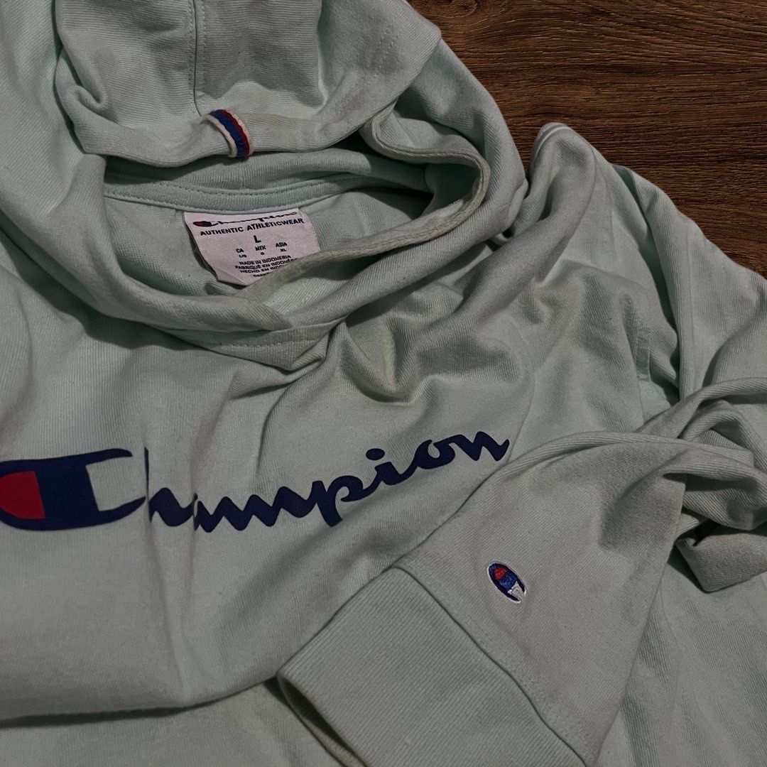 Champion Sweater Hoodie Jacket Baby Blue Script Logo (Category: Coats, Jackets and Outerwear) located in Batangas. Submitted by x.coutures (Listing ID 1445141302, Image 2). Description: 𝚡.𝚌𝚘𝚞𝚝𝚞𝚛𝚎𝚜 𝚘𝚗 𝚒𝚐 & 𝚌𝚊𝚛𝚘𝚞 Item: Champion Sweatshirt Baby Blue Hoodie🙌 Dimensions as follows Length: 26 inches Width: 21 inches Condition: Very Good Issues: need wash -No Deletion of comment nor flaking 🙏. -Please manage your expectations since a
