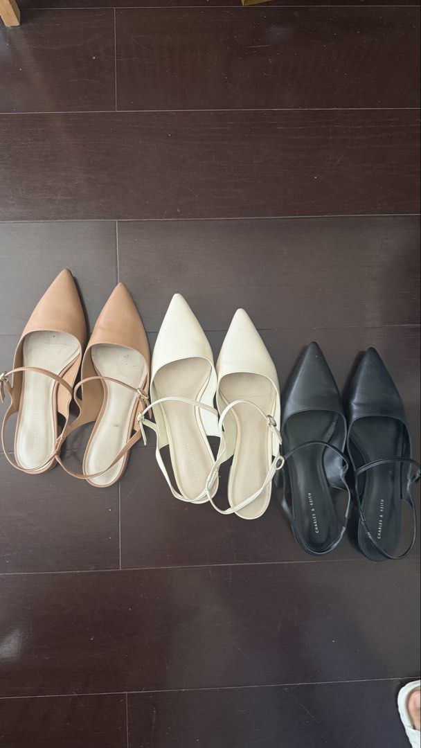 Charles & Keith Slingback Pointed Toe Flats (Tan, White, Black) Size 10 (Category: Flats & Sandals) located in Mandaluyong City. Submitted by _buymystuff_ (Listing ID 1445054049, Image 1). Description: Barely used Charles & Keith Slingback Flats I bought in 3 colors (Tan, Cream, Black). Used a few times for work, Super comfy and can be dressed up or down! Sizes: Tan - 39 White and Black - 40 450 each or 1200 if you buy all 3 colors :) RFS: downsi