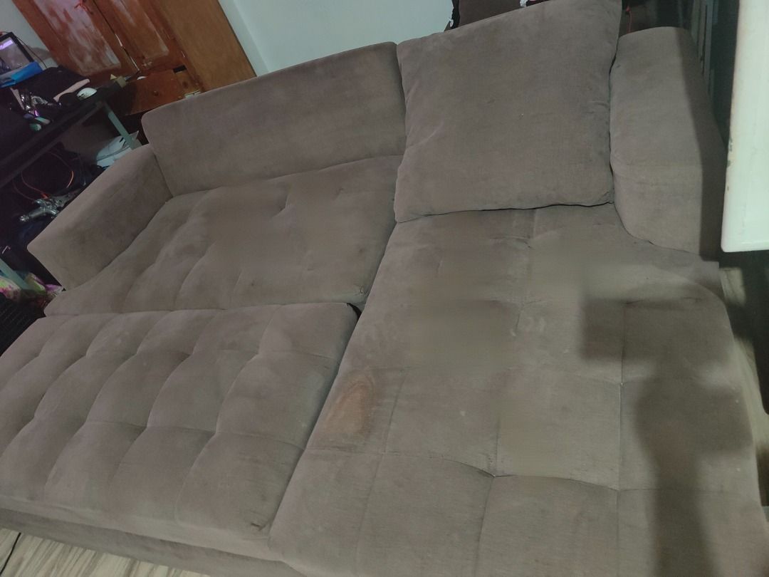 Choco Brown Sectional Sofa with Chaise and pillows (Category: Sofas) located in Makati City. Submitted by margx.margx (Listing ID 1445116565, Image 2). Description: - Brown sectional sofa with chaise - Features tufted seat cushions - Upholstered in soft fabric - Offers plenty of seating space, perfect for lounging - Selling as is. Issue: with 'plancha' /hot iron marks in the chaise lounge chair .