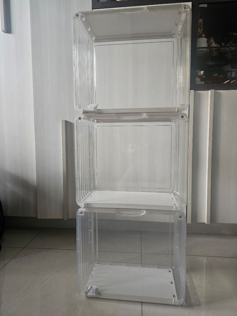 Clear Stackable Storage Boxes with Lids (Category: Storage Boxes & Baskets) located in Singapore. Submitted by happyhobbies (Listing ID 1445113318, Image 3). Description: - 3 Set of clear storage boxes(plastic) - Stackable design for efficient storage - size (each box) : about 17cm x 20cm x 33cm (height) - Each box comes with a lid - $7 each, set of 3 bozes for $20 - Ideal for organizing shoes, accessories, and small items - Transparent body allo