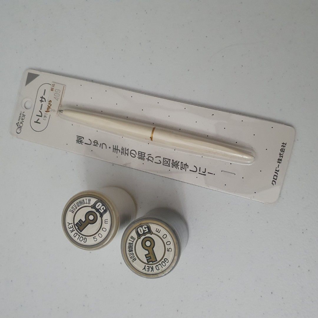 CLOVER Tracing Pen with Gold Key Thread Spools (Category: Craft Supplies & Tools) located in Paranaque City. Submitted by cobien (Listing ID 1445220080, Image 3). Description: - CLOVER tracing pen in original packaging - Includes two 500m GOLD KEY thread spools - One spool is white, the other is black - Ideal for marking patterns on fabric - Great for all your sewing projects.