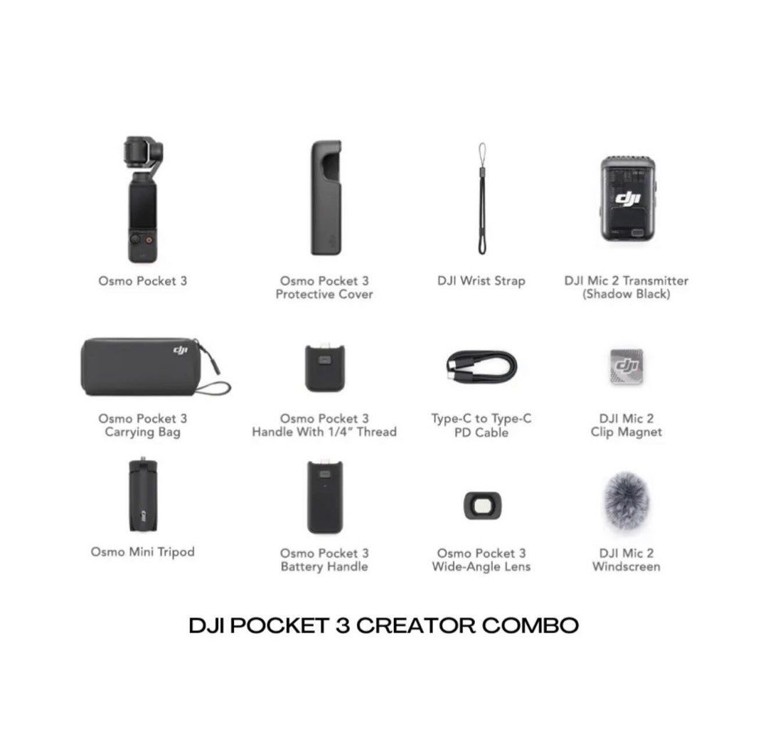 DJI Pocket 3 Creator Combo Gimbal Camera (Category: Cameras) located in Pasig City. Submitted by catlover4lyf (Listing ID 1445153597, Image 2). Description: - DJI Osmo Pocket 3 camera - Protective cover, wrist strap, carrying bag - DJI Mic 2 transmitter with clip magnet and windscreen - Handle with 1/4" thread - Type-C to Type-C cable - Osmo Mini Tripod - Wide-angle lens - Everything you need for professional-quality video creation..