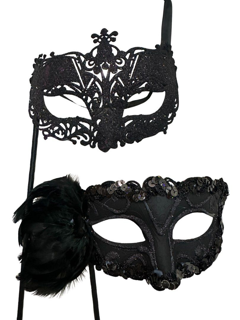 Elegant Black Masquerade Mask (Feather + Stick Handle) (Category: Occasions & Party Supplies) located in Manila. Submitted by goodfindsmnl_ (Listing ID 1445099360, Image 2). Description: - Black masquerade masks (3 pcs) - Can be bought as set (₱500 for 3 pcs) or separately (₱200 each) - Elegant lace & sequin details - Used once, excellent condition.