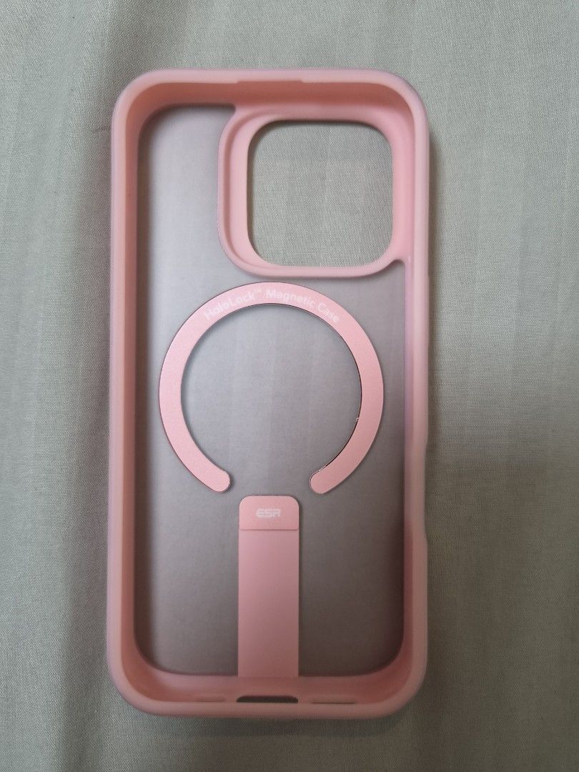 ESR Pink Iphone 16 Pro case (Category: Cases & Sleeves) located in Caloocan City. Submitted by hotstuffcollections (Listing ID 1445119045, Image 2). Description: - Brand: ESR - Model: iPhone 16 Pro case - Color: Pink - Design: Frosted back with integrated ring holder - Condition: Excellent, like new.