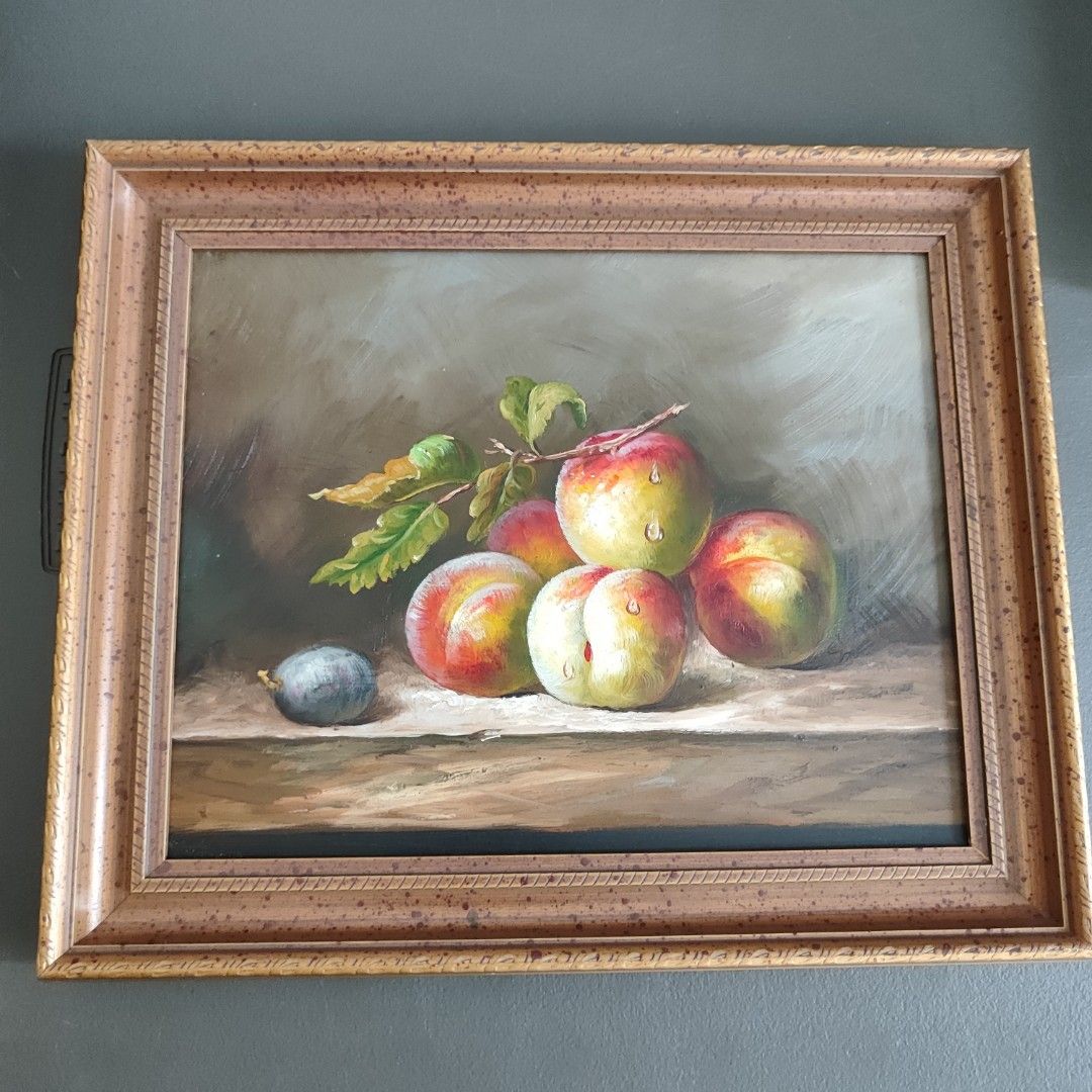 Framed Still Life Oil Paintings - Fruit & Pitcher (Category: Art & Prints) located in Cavite. Submitted by mythingee (Listing ID 1445106213, Image 3). Description: - Set of four framed oil paintings. - Each features a still life with fruits like peaches, grapes, and plums. - One painting includes a silver pitcher. - Another painting has a decorative vase and teapot. - Frames are light wood tone with a textured finish. - Adds a classic touch to yo