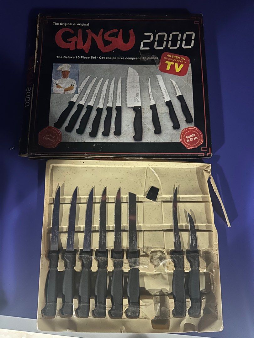 Ginsu 2000 Knife set As seen on TV (Category: Knives & Chopping Boards) located in Manila. Submitted by hb1118 (Listing ID 1445202012, Image 1). Description: 8 knives remaining Never used Big knife not present and 1 steak knife not included The rest were never used 1,350 pesos or best offer.