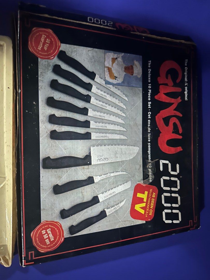 Ginsu 2000 Knife set As seen on TV (Category: Knives & Chopping Boards) located in Manila. Submitted by hb1118 (Listing ID 1445202012, Image 2). Description: 8 knives remaining Never used Big knife not present and 1 steak knife not included The rest were never used 1,350 pesos or best offer.
