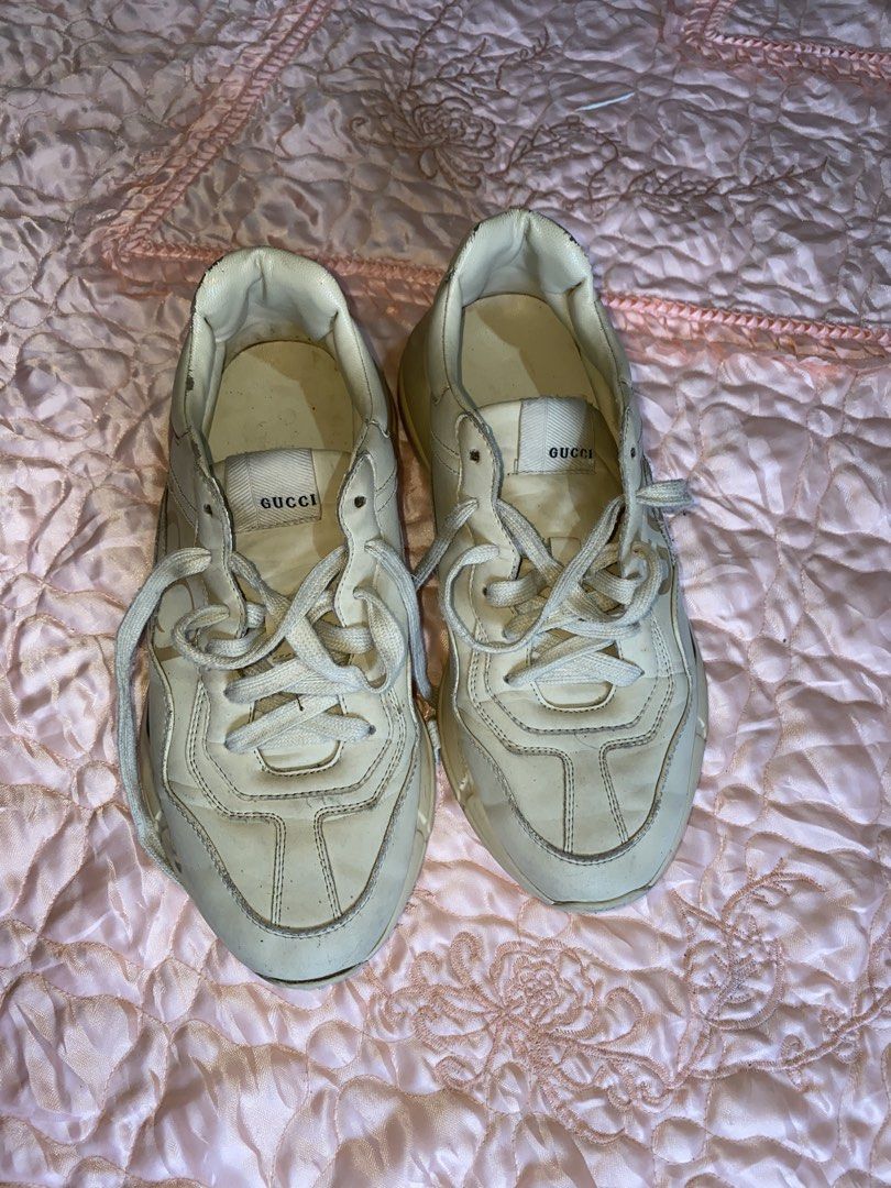 Gucci Ace Embroidered Sneaker Beige Leather (Category: Sneakers & Footwear) located in Kalayaan. Submitted by kolaso29 (Listing ID 1445059349, Image 2). Description: - Authentic Gucci sneakers - Beige leather with iconic green and red stripe - Gucci logo on side and heel - White laces - Soles show some wear - Interior has some dirt - Great for everyday wear -was a gift never used.