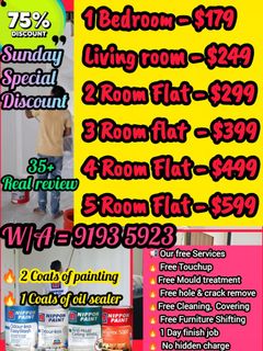 Cheapest Painting, Experience Painter, Best Painting Service Provide & Get Discount $500-$600,2/3/4/5 Room HDB,BTO,Condo,Landed,Maisonette House Painting & Plastering Services / Hole & Crack Line Patch up/Free Touchup Plaster / Anti Mould Treatment/ Kitchen & Toilets Ceiling Painting / Bedroom Ceiling Paint /  White Paint Free/Epoxy/ Flacks Epoxy Paint/ Grouting/ Vinyl Install & Old Vinyl Remove / Door & Door Frame Paint /Pipe/ PVC Pipe Paint / Wooden Door Varnish / Metal Gate Sanding + Painting / Parquet  Polish/ Wall Paper Remove & Installation / Free 6 Months Touchup!!  Free Cleaning,  Covering Floor & Furniture,  Shifting Furniture  Collection item 1