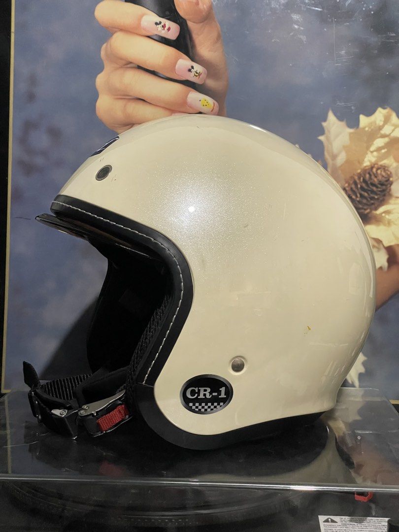 ID CR-1 Neo Classic Half Face Helmet (Category: Helmets and other Riding Gears) located in Quezon City. Submitted by analogeee (Listing ID 1445231677, Image 3). Description: ID CR-1 Neo Classic Half Face Helmet - Size Medium pero good as Small 55-56cm (mas maliit sizing compared sa ID Rocket/Rook) - Cream Color - Built in visor - intercom ready - used less than 10x - Cosmetic issues lang pero good condition almost new (scuff marks and scratches d