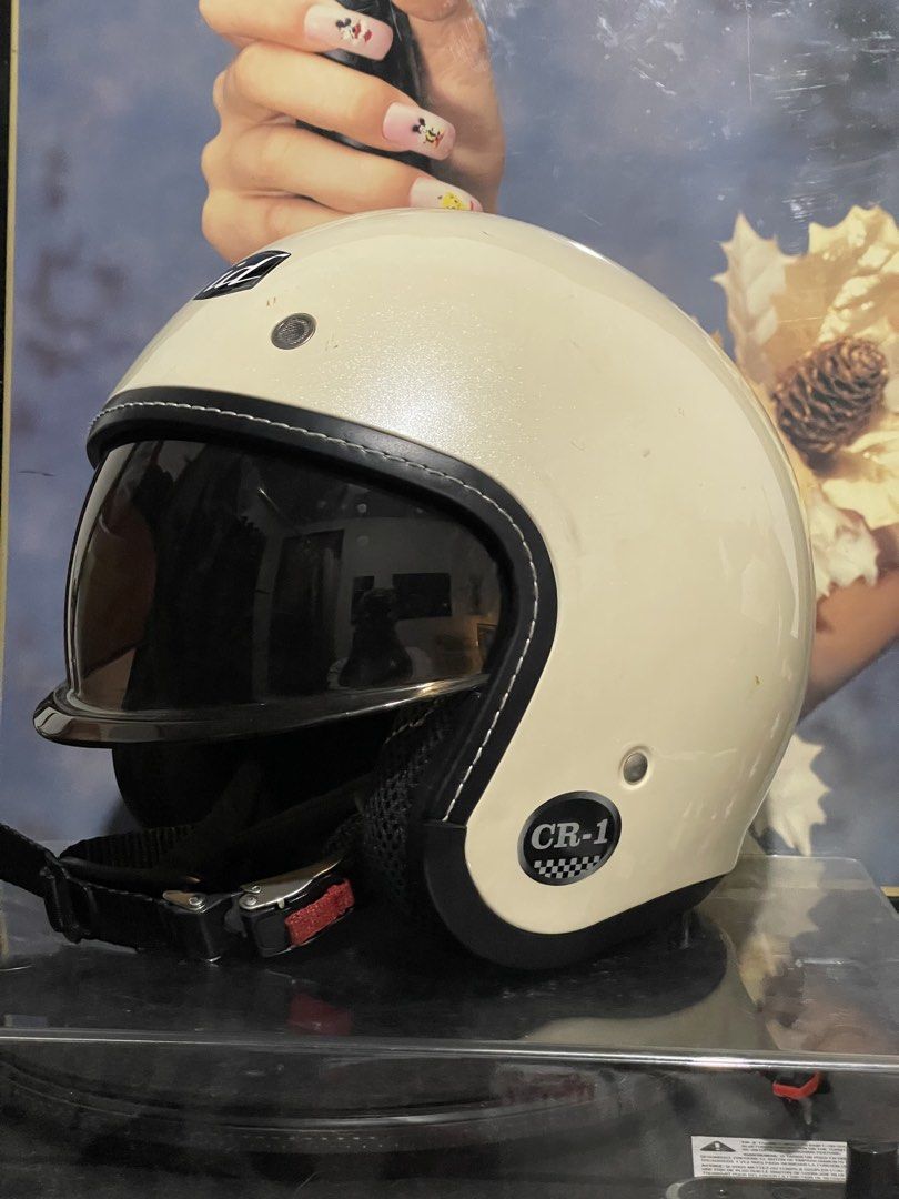 ID CR-1 Neo Classic Half Face Helmet (Category: Helmets and other Riding Gears) located in Quezon City. Submitted by analogeee (Listing ID 1445231677, Image 1). Description: ID CR-1 Neo Classic Half Face Helmet - Size Medium pero good as Small 55-56cm (mas maliit sizing compared sa ID Rocket/Rook) - Cream Color - Built in visor - intercom ready - used less than 10x - Cosmetic issues lang pero good condition almost new (scuff marks and scratches d
