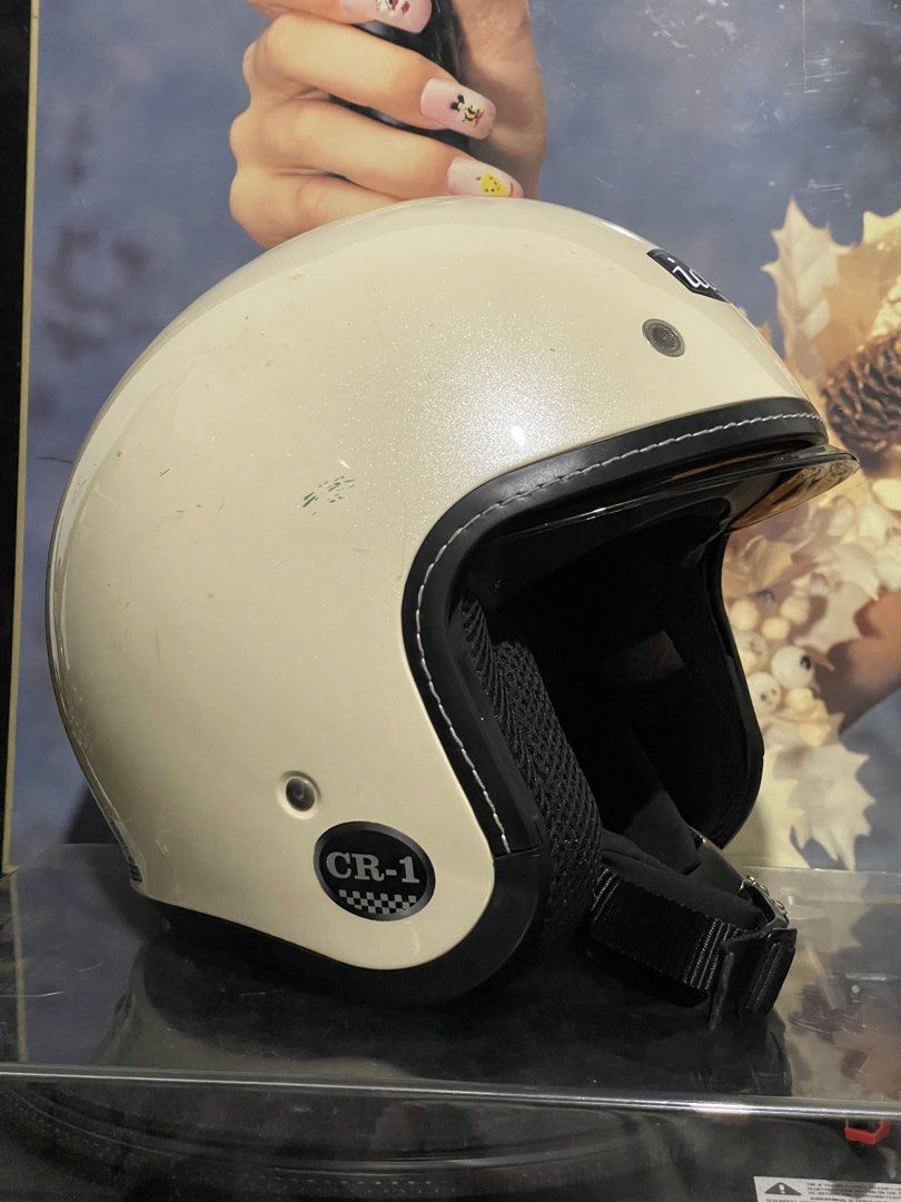 ID CR-1 Neo Classic Half Face Helmet (Category: Helmets and other Riding Gears) located in Quezon City. Submitted by analogeee (Listing ID 1445231677, Image 2). Description: ID CR-1 Neo Classic Half Face Helmet - Size Medium pero good as Small 55-56cm (mas maliit sizing compared sa ID Rocket/Rook) - Cream Color - Built in visor - intercom ready - used less than 10x - Cosmetic issues lang pero good condition almost new (scuff marks and scratches d