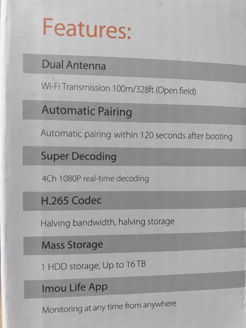 IMOU Wireless Recorder, 4 channels, 1080P Resolution, Two-way Talk (Category: Security Systems & CCTV Cameras) located in Marikina City. Submitted by mariefdv (Listing ID 1445106168, Image 3). Description: IMOU Wireless Recorder, 4 channels, 1080P Resolution, Two-way Talk Wireless Recorder (4-ch NVR) SPECS: 4 channels Video In, VGA/HDMI Video out, 1080p Resolution, H.265+ Video Compression FEATURES: Two-way Talk, Can store up to 8TB HDD Storage, 