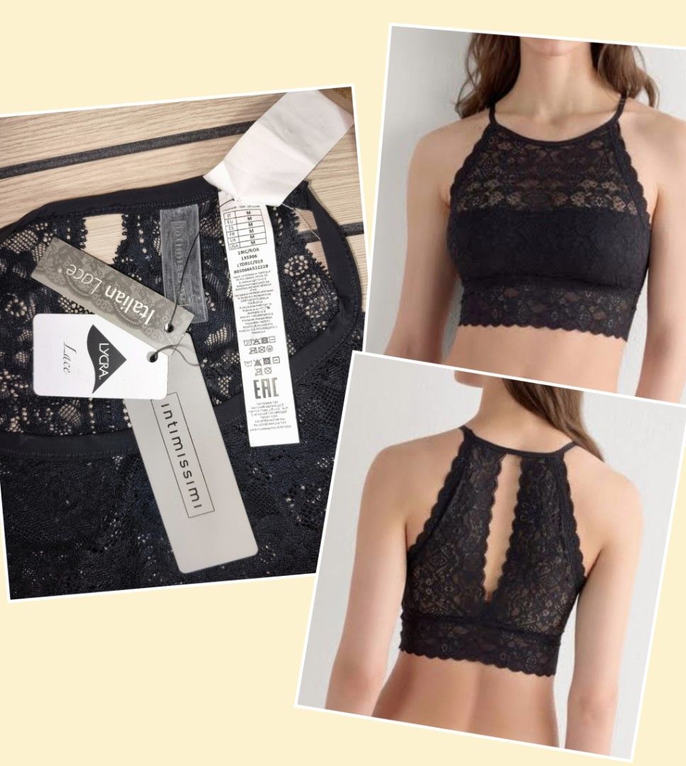 Intimissimi Black Lace Halter Neck Bralette (Category: Sleeveless) located in Quezon City. Submitted by christinejoycheng1 (Listing ID 1445072406, Image 2). Description: - Brand: Intimissimi - Color: Black - Size: M - Style: Bralette - Features: Halter neck, intricate lace, back cutout detail - Condition: Brand new with tags attached - Measurements: 14 inches width, 14 inches length.