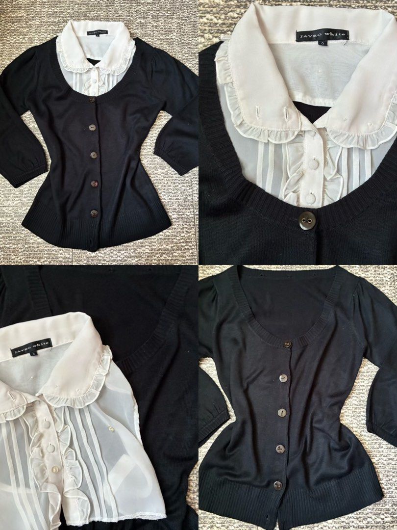 Jayro White Black Cardigan with Ruffled Collar Blouse (Category: Blouses) located in Cabanatuan. Submitted by shallalaks (Listing ID 1445122170, Image 2). Description: - Xs - Med keri - Black button-up 2 way cardigan - Puff sleeves - Detachable sheer white blouse collar with ruffled details .
